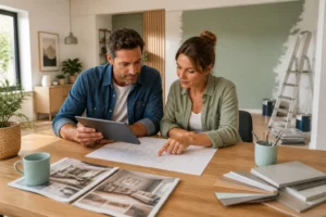 Couple planifiant leurs travaux de renovation